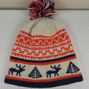 Vintage Style Knit Pom Hat Nordic Moose Tree fair Isle Granola Cabincare Scandi